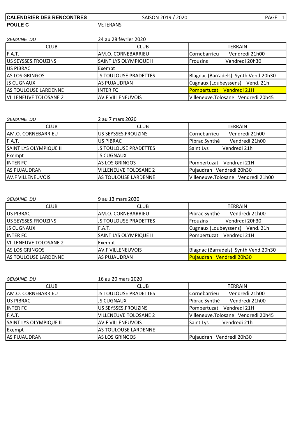 SAISON 2019 / 2020 PAGE 1 VETERANS 24 Au 28 Février 2020