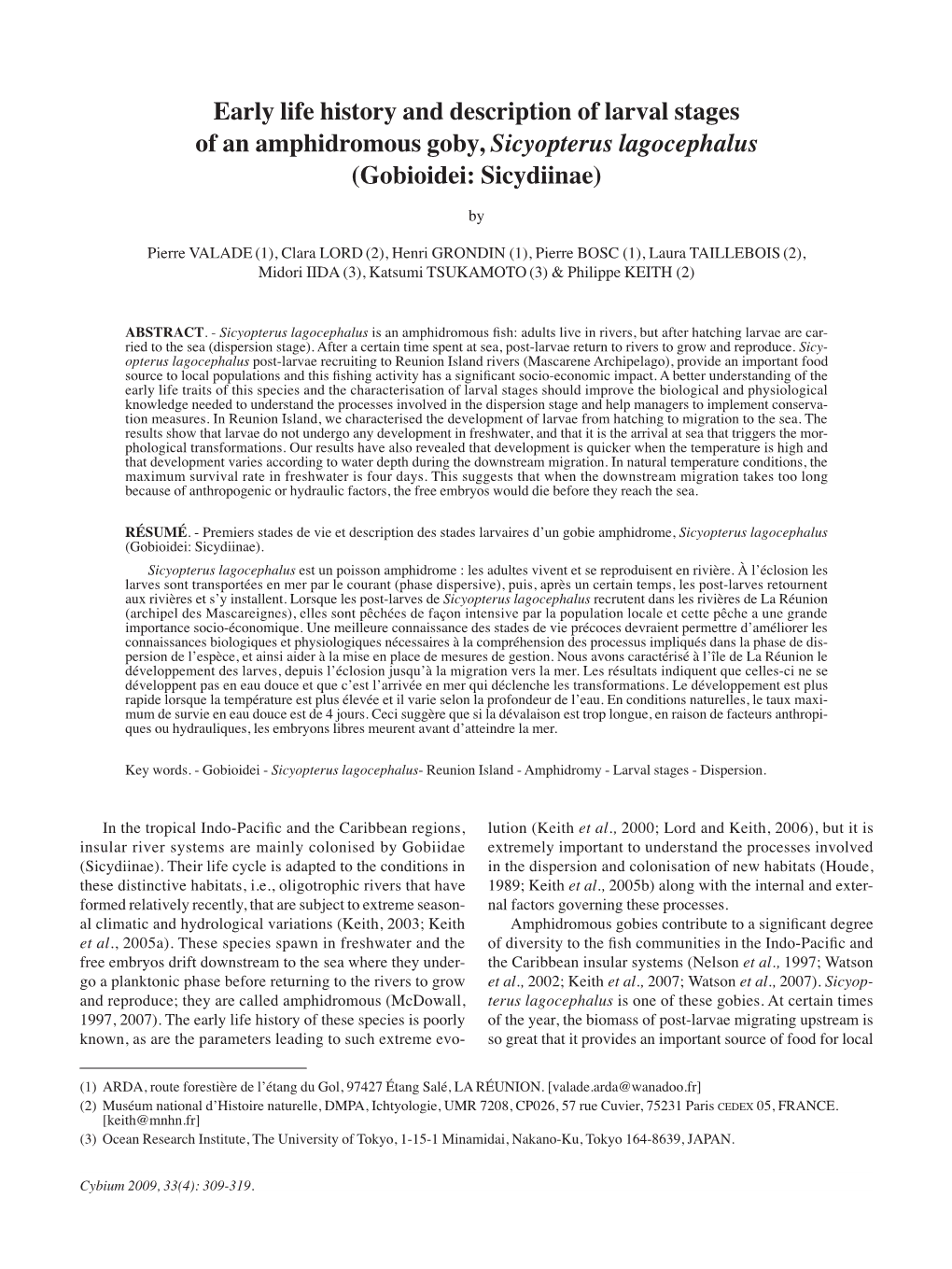 Early Life History and Description of Larval Stages of an Amphidromous Goby, Sicyopterus Lagocephalus (Gobioidei: Sicydiinae)