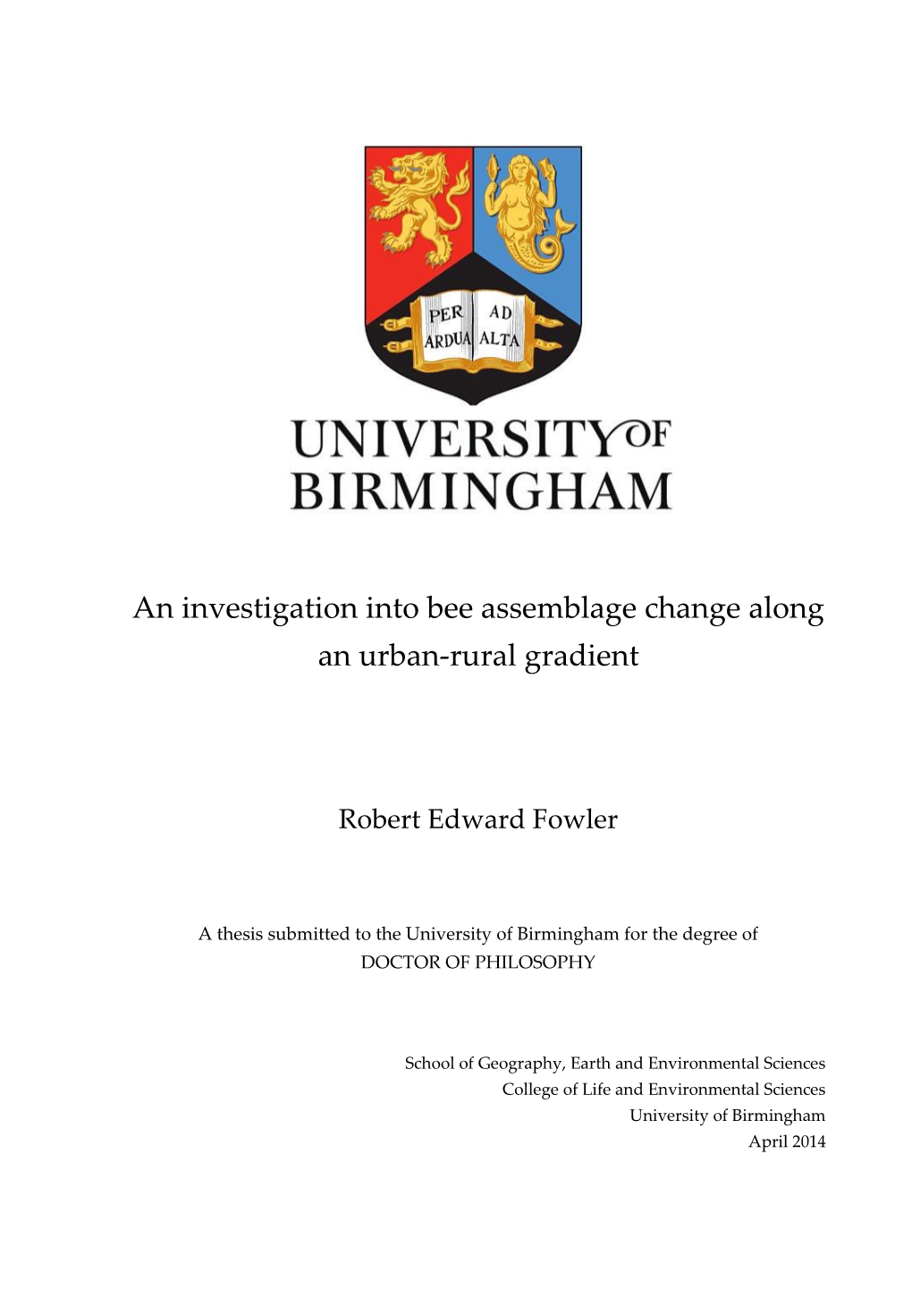 An Investigation Into Bee Assemblage Change Along an Urban-Rural Gradient