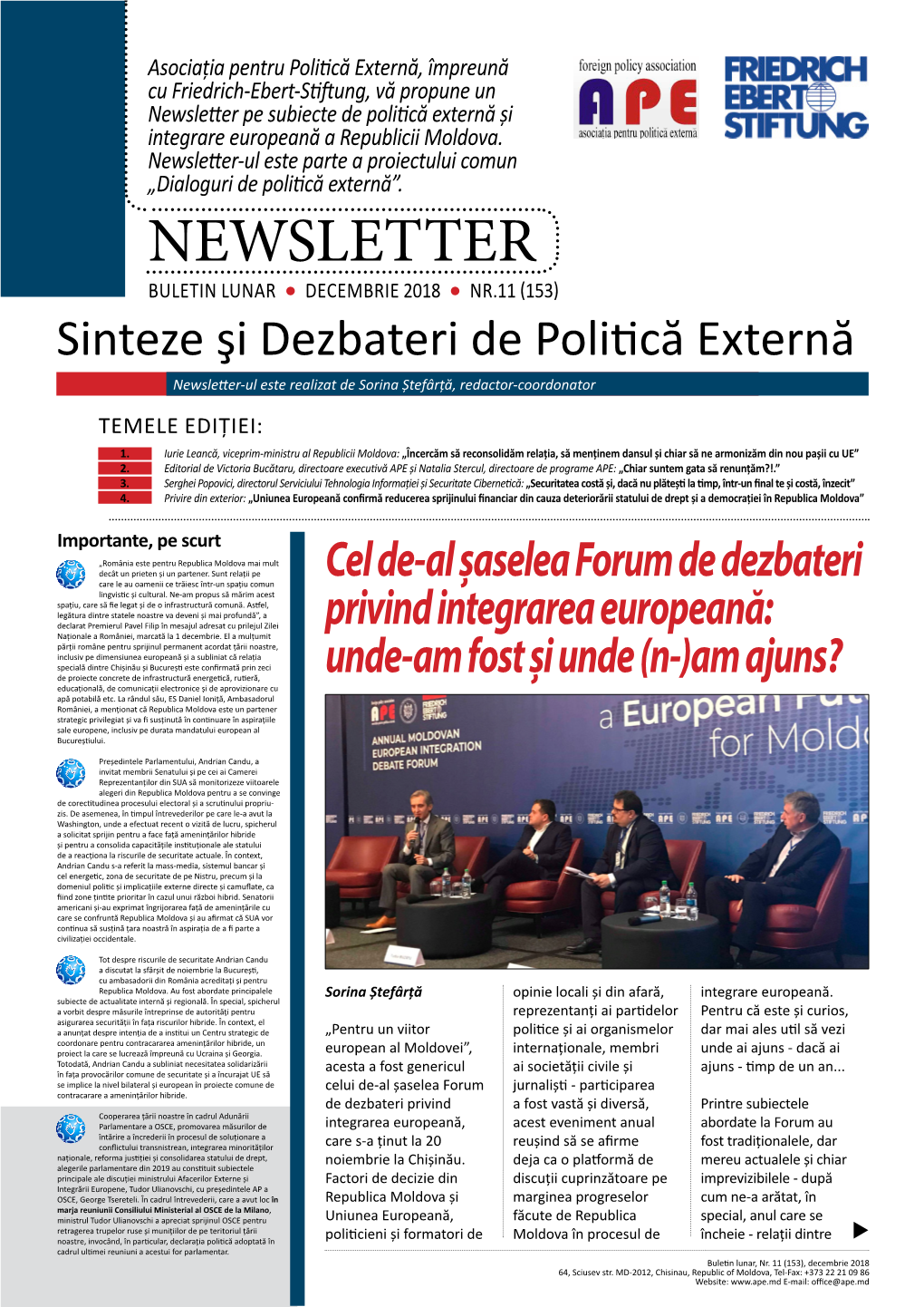 Newsletter Pe Subiecte De Politică Externă Și Integrare Europeană a Republicii Moldova