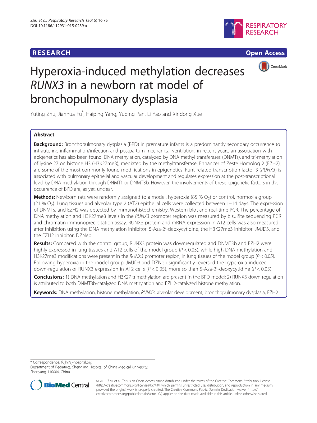 Hyperoxia-Induced Methylation Decreases RUNX3 in a Newborn Rat