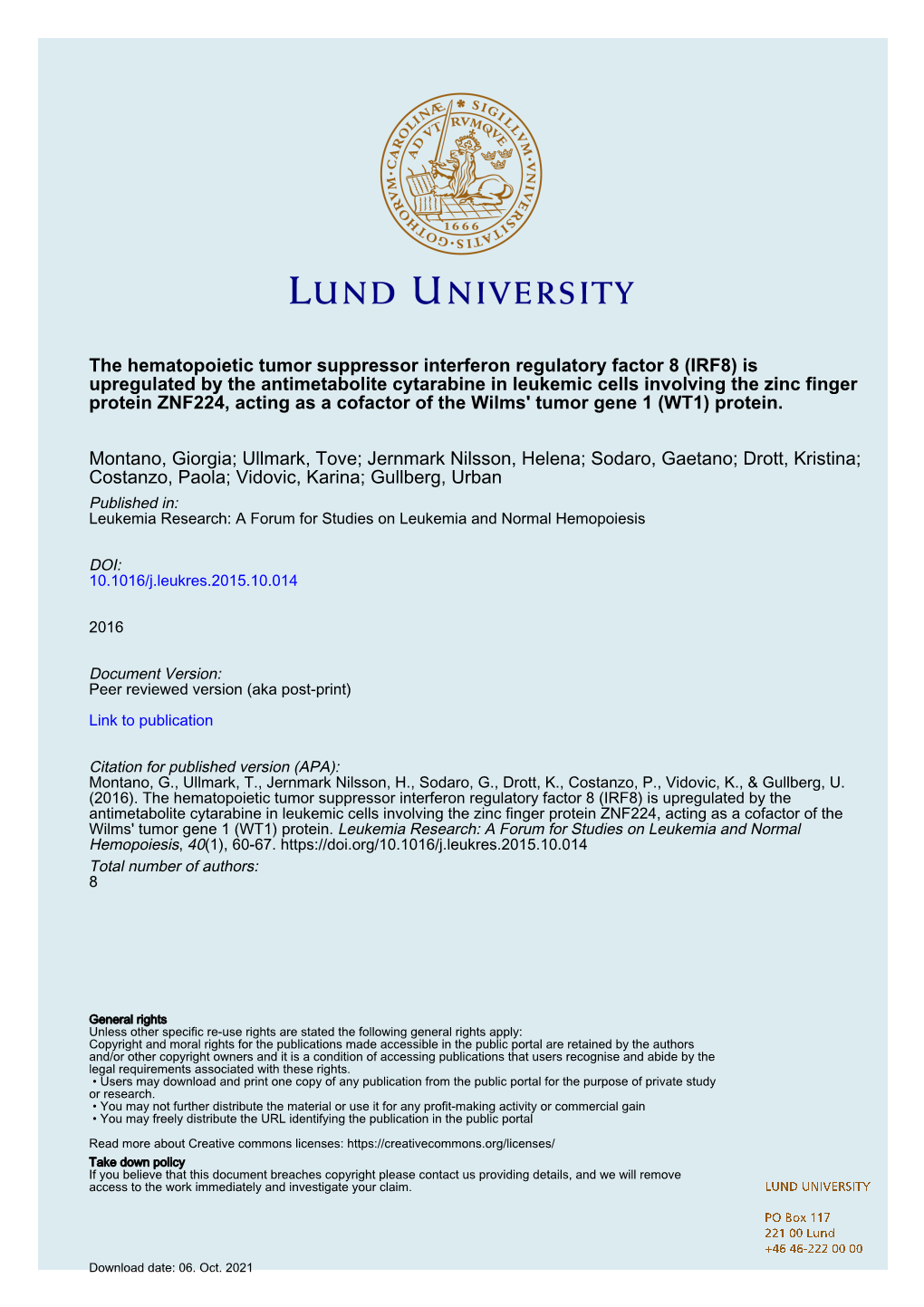 The Hematopoietic Tumor Suppressor Interferon Regulatory Factor 8 (IRF8) Is Upregulated by the Antimetabolite Cytarabine in Leuk