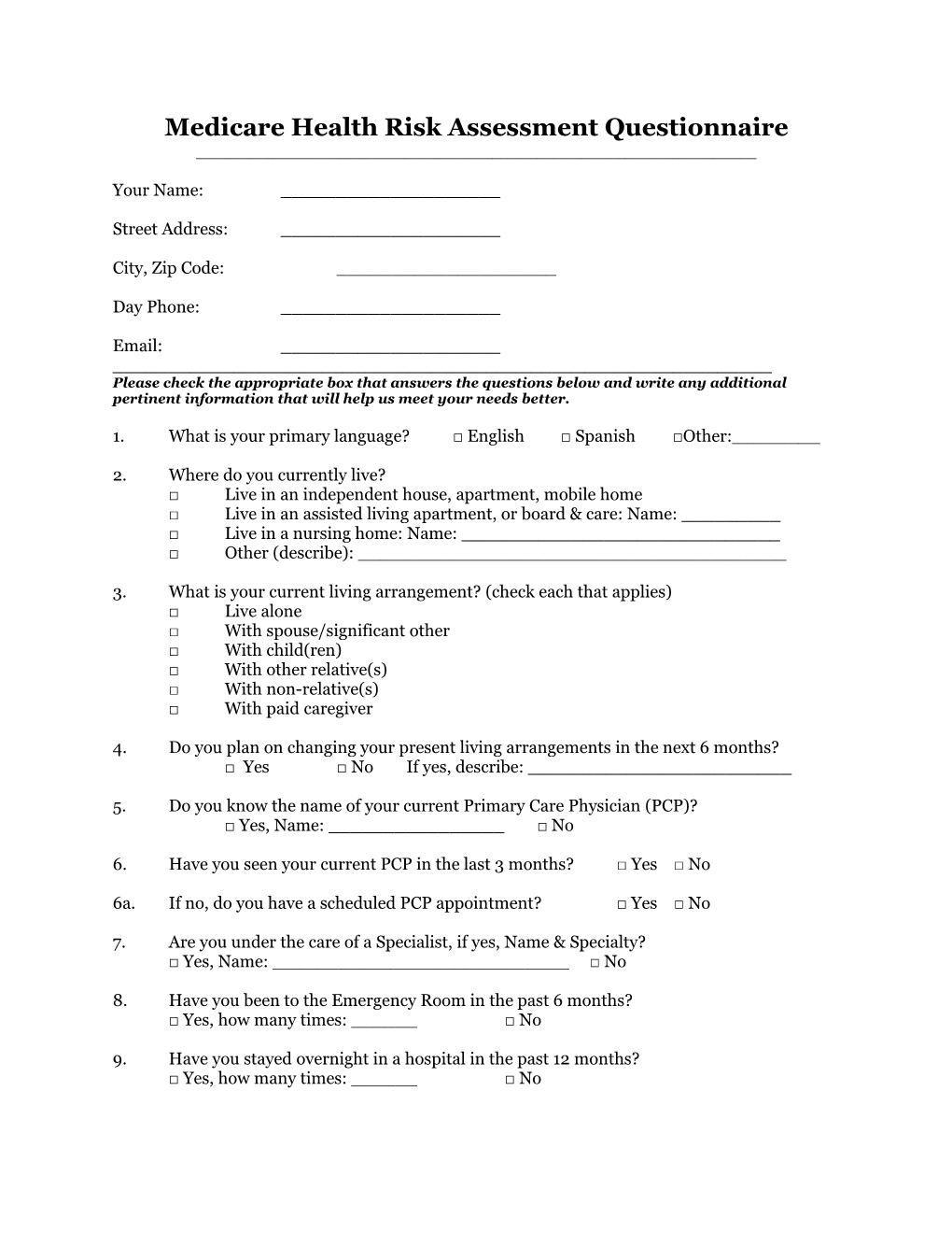 Medicare Health Risk Assessment Questionnaire