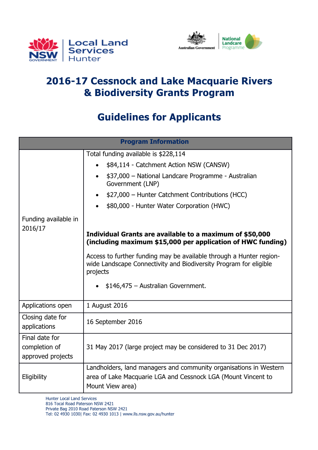 2016-17 Cessnock and Lake Macquarie Rivers & Biodiversity Grants Program