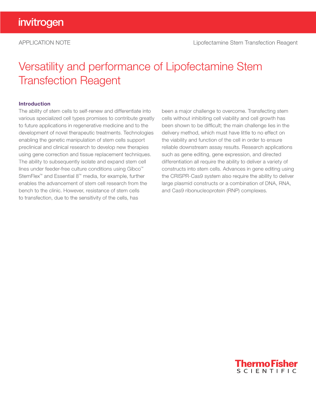 Versatility and Performance of Lipofectamine Stem Transfection Reagent