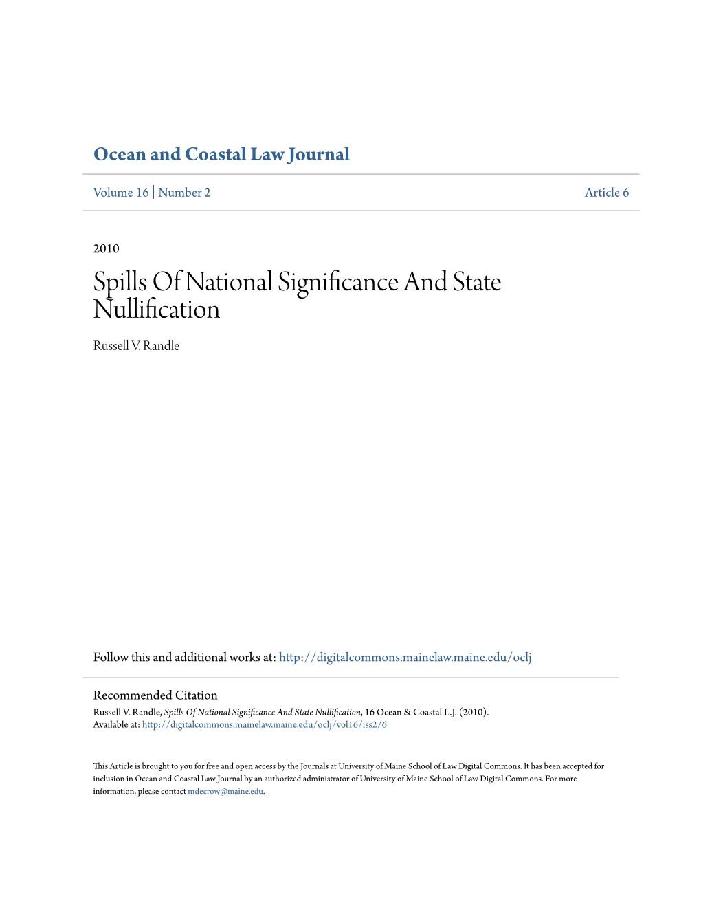 Spills of National Significance and State Nullification Russell V