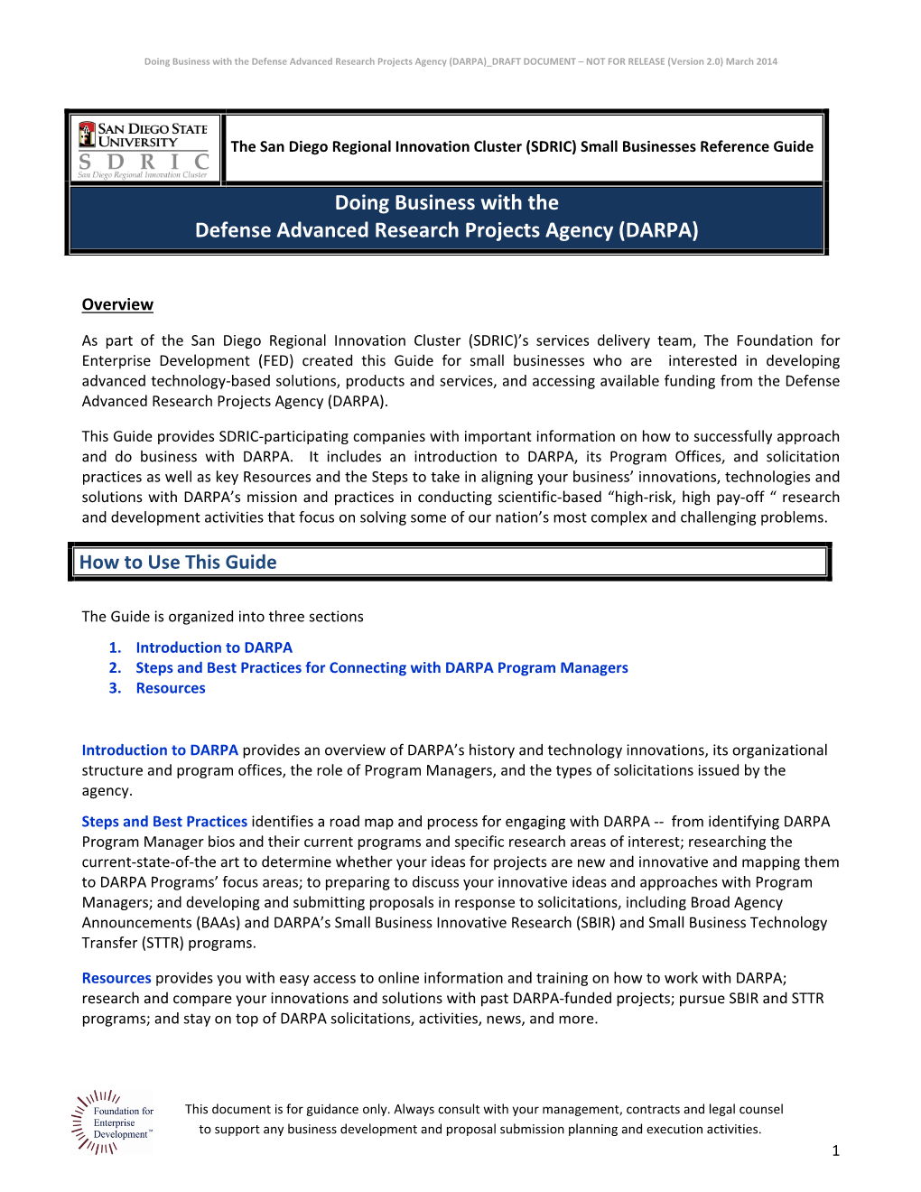 DARPA) DRAFT DOCUMENT – NOT for RELEASE (Version 2.0) March 2014