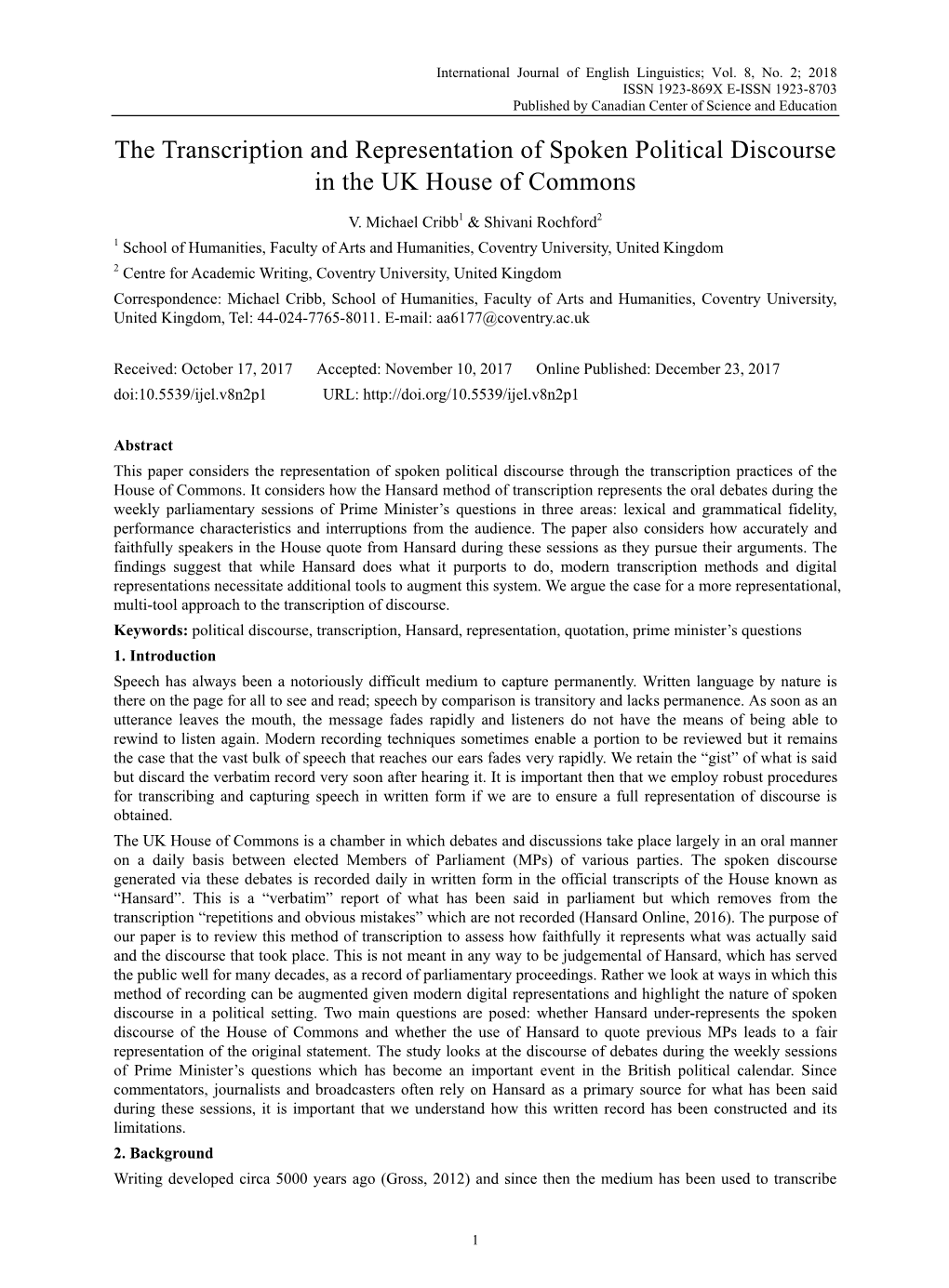 The Transcription and Representation of Spoken Political Discourse in the UK House of Commons