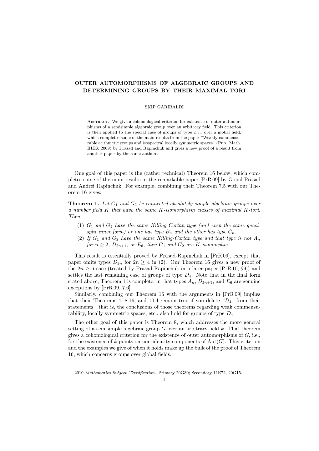 Outer Automorphisms of Algebraic Groups and Determining Groups by Their Maximal Tori