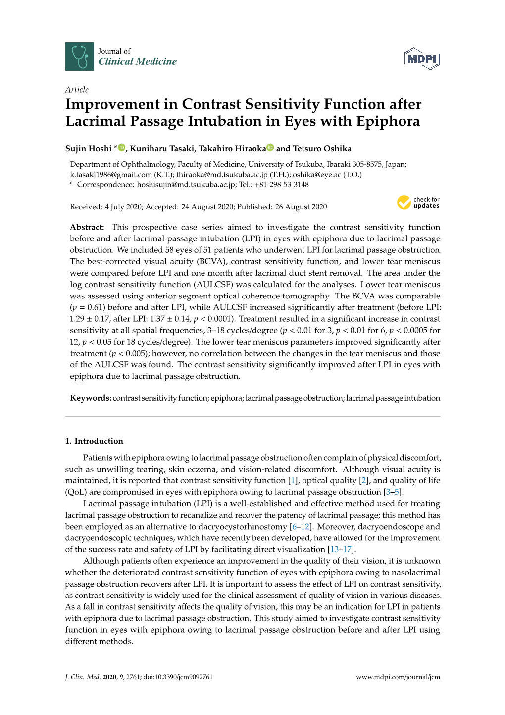 Improvement in Contrast Sensitivity Function After Lacrimal Passage Intubation in Eyes with Epiphora