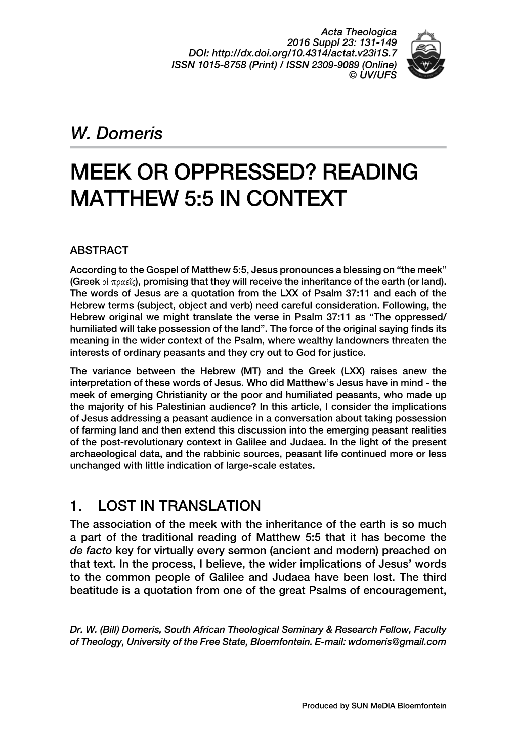 Meek Or Oppressed? Reading Matthew 5:5 in Context