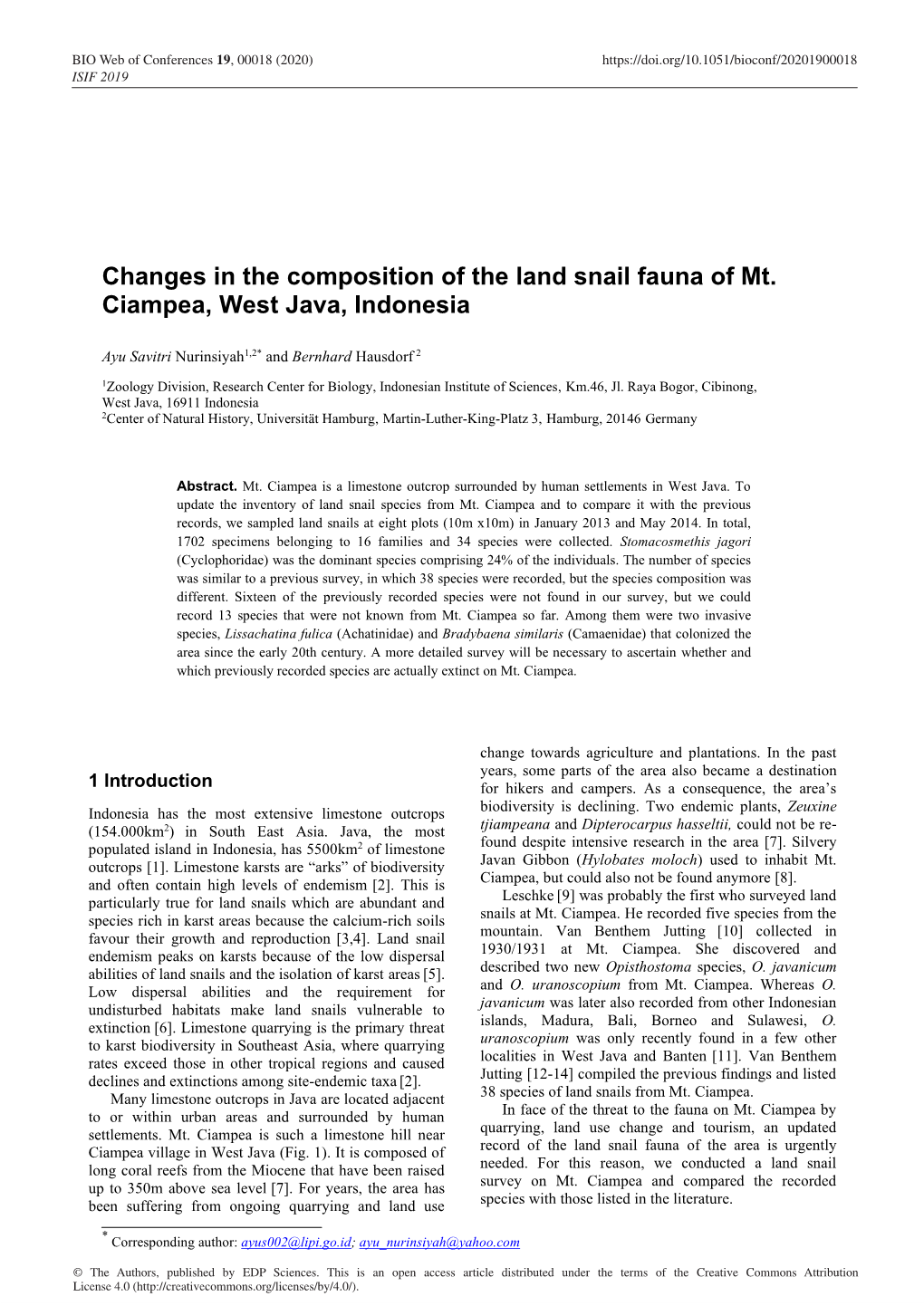 Changes in the Composition of the Land Snail Fauna of Mt. Ciampea, West Java, Indonesia