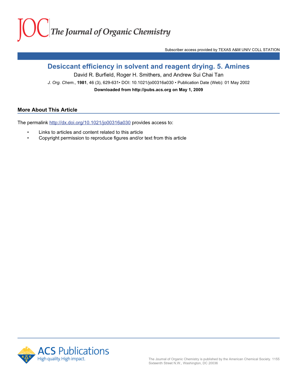 Desiccant Efficiency in Solvent and Reagent Drying. 5. Amines David R