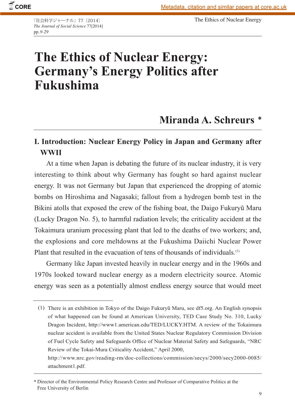 The Ethics of Nuclear Energy the Journal of Social Science 77[2014] Pp.9-29