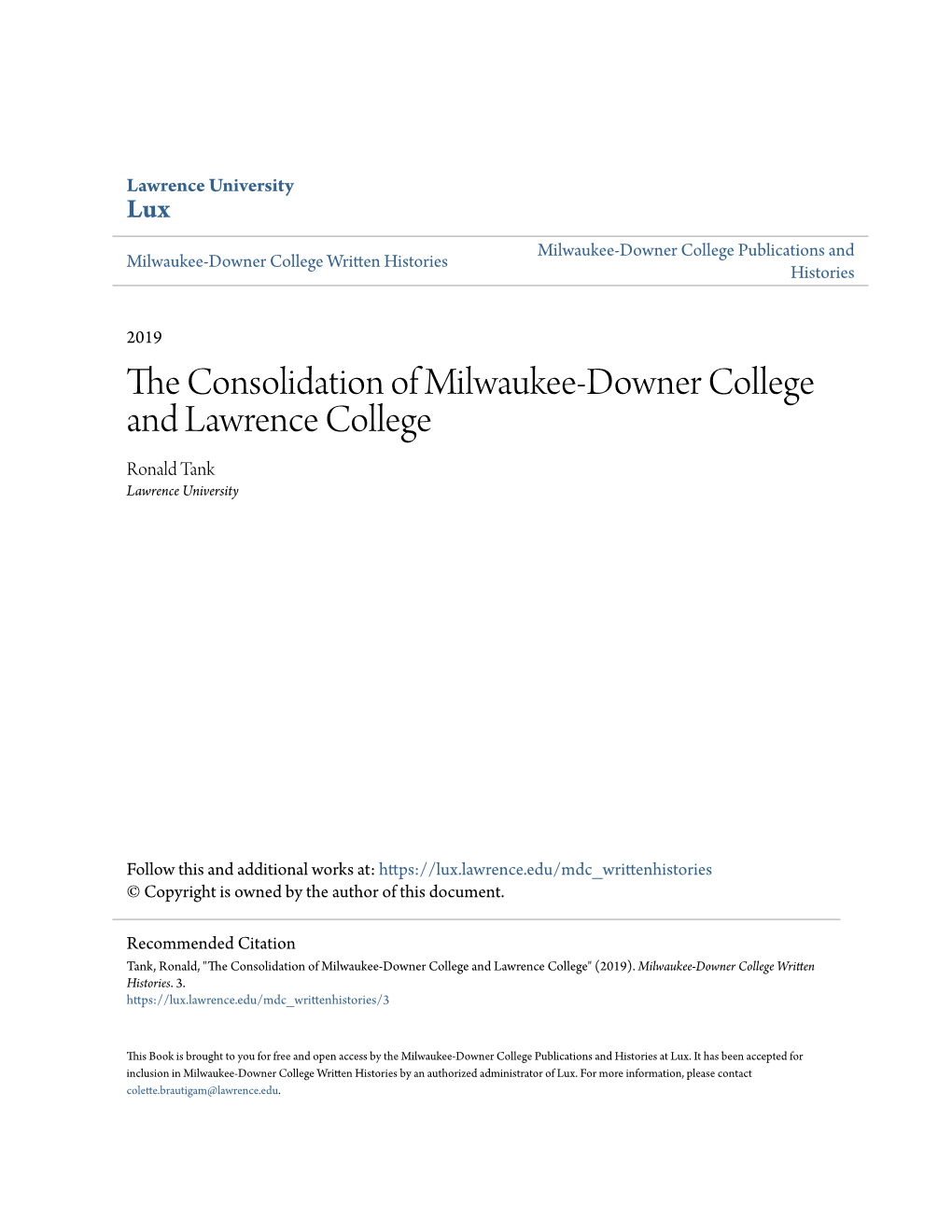 The Consolidation of Milwaukee-Downer College and Lawrence College