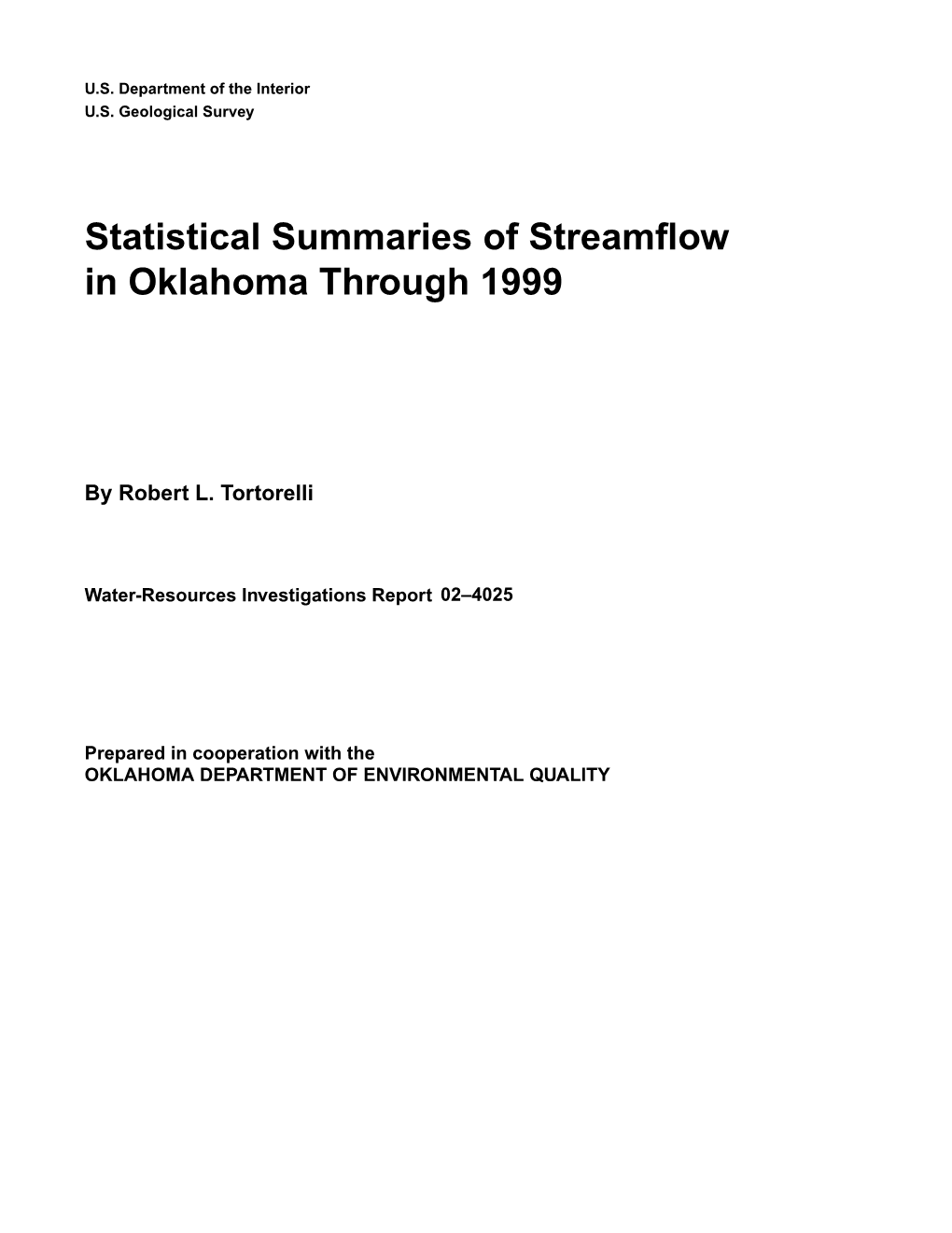 Statistical Summaries of Streamflow in Oklahoma Through 1999