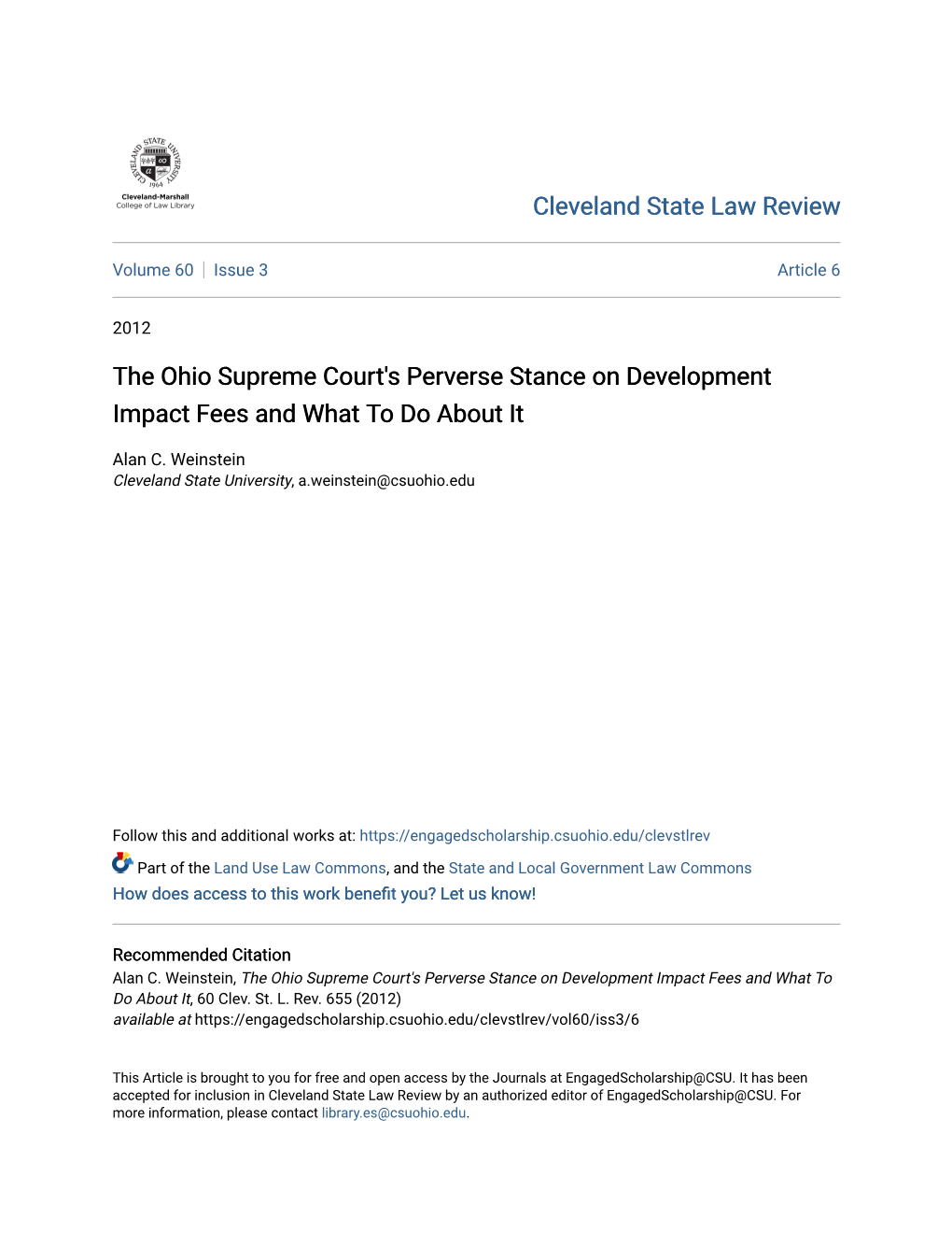 The Ohio Supreme Court's Perverse Stance on Development Impact Fees and What to Do About It