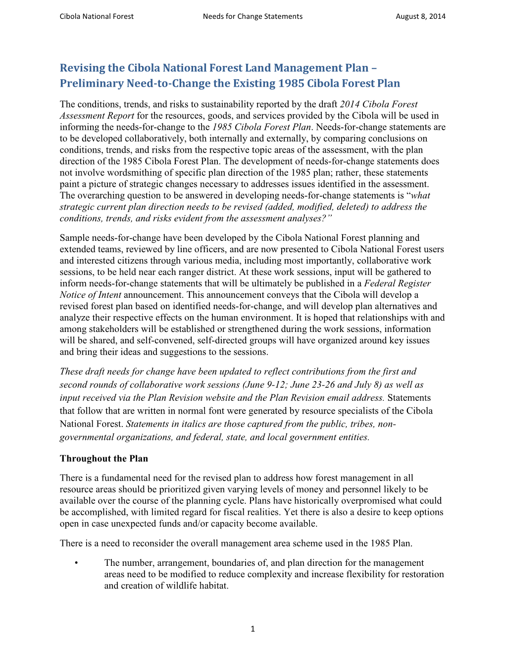 Revising the Cibola National Forest Land Management Plan – Preliminary Need-To-Change the Existing 1985 Cibola Forest Plan