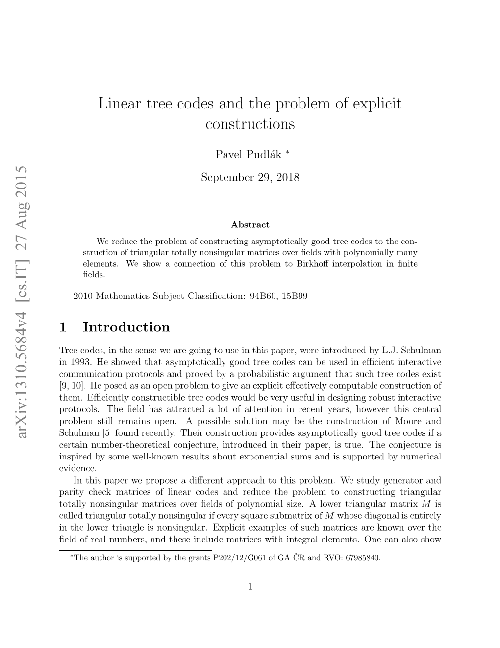 Linear Tree Codes and the Problem of Explicit Constructions