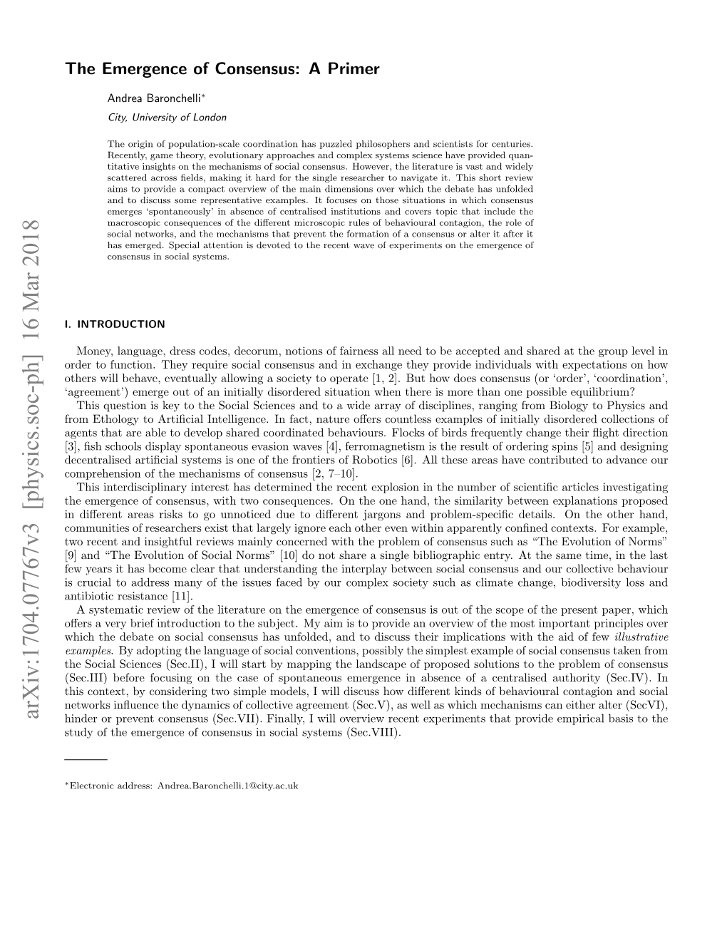 Arxiv:1704.07767V3 [Physics.Soc-Ph] 16 Mar 2018 Hinder Or Prevent Consensus (Sec.VII)