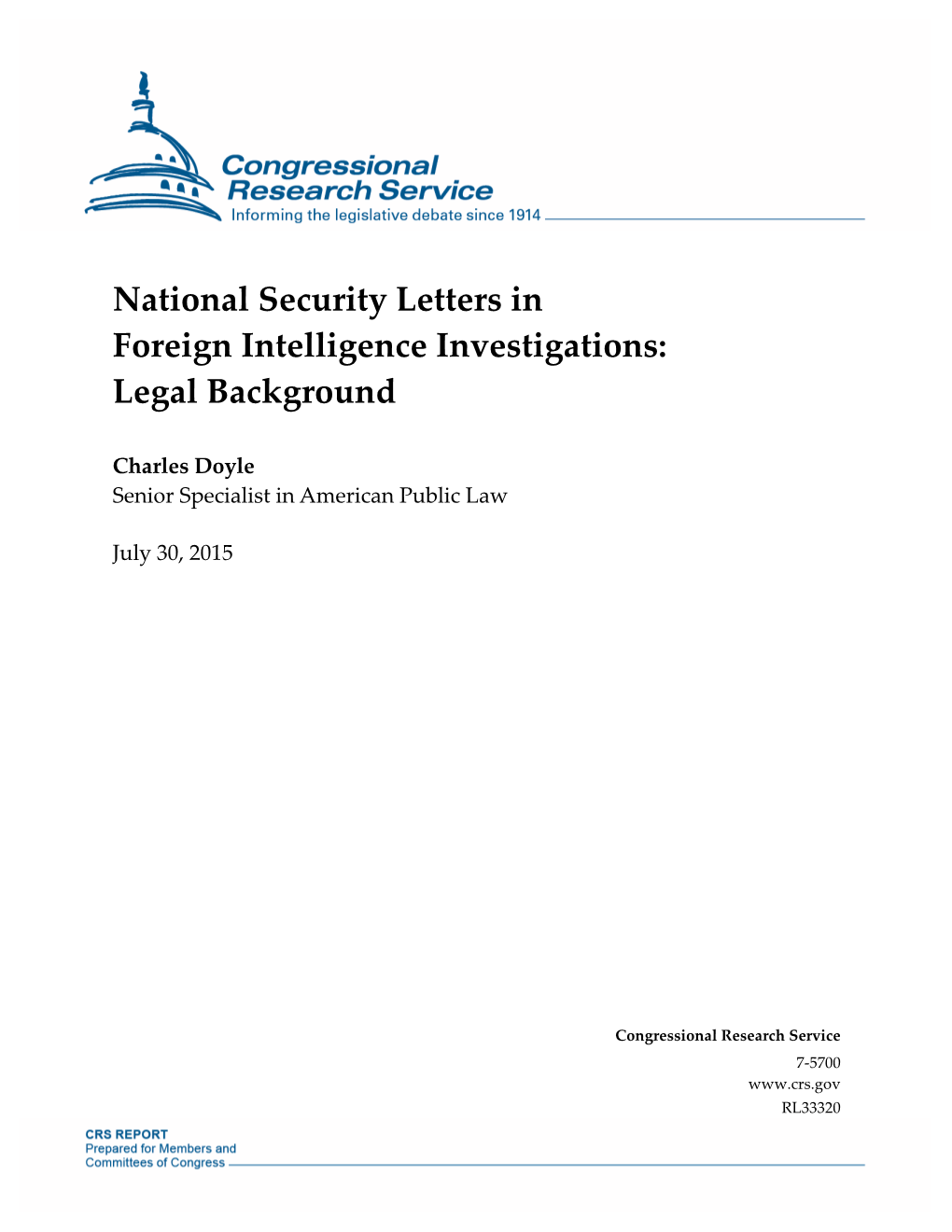 National Security Letters in Foreign Intelligence Investigations: Legal Background