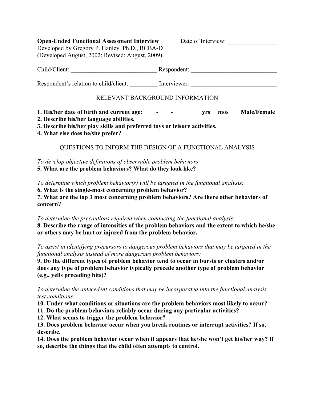 Open-Ended Functional Assessment Interview Date of Interview: ______