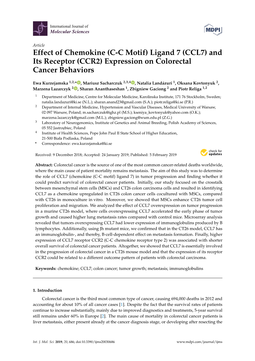 Effect of Chemokine (CC Motif) Ligand 7 (CCL7) and Its Receptor