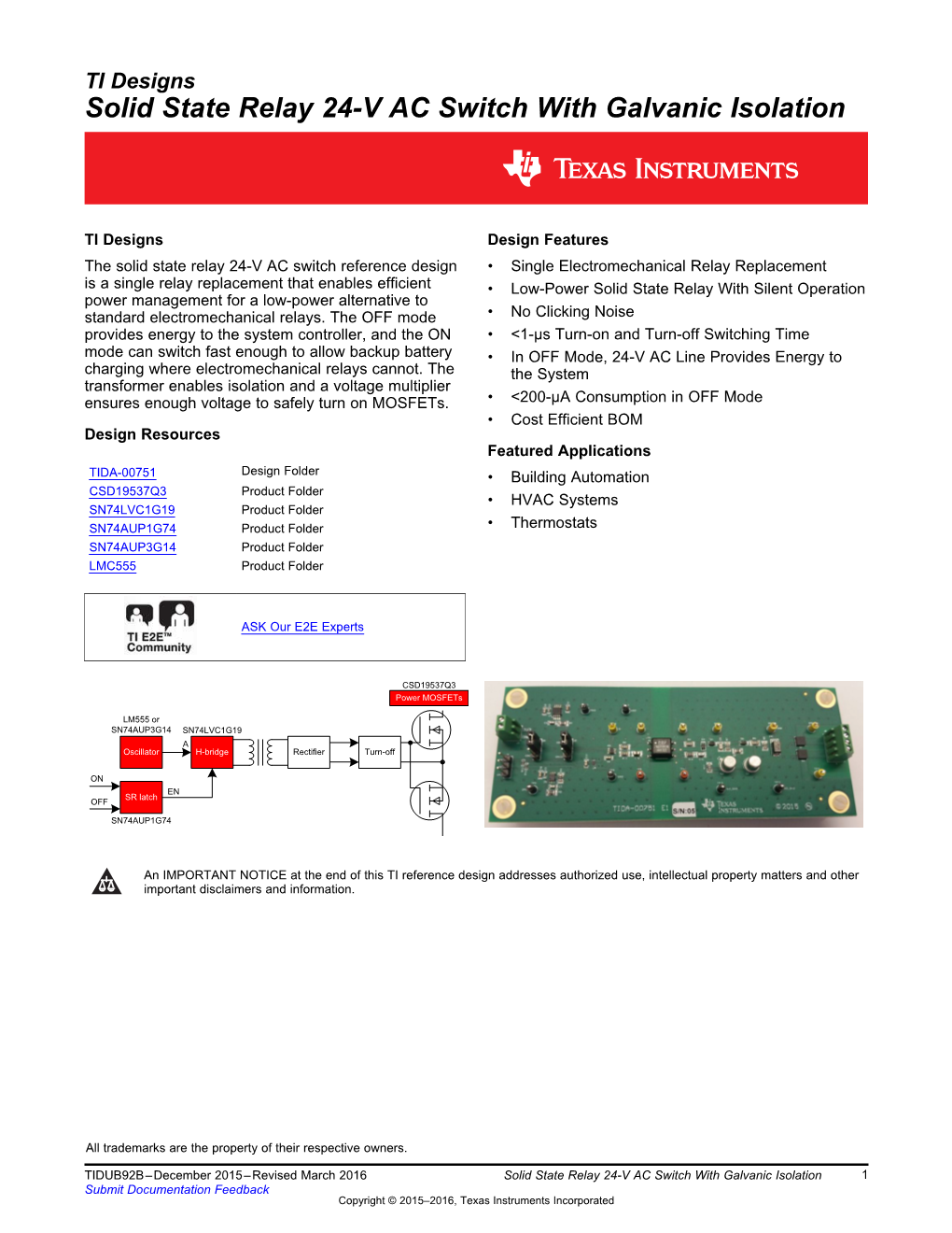 TI Designs Solid State Relay 24-V AC Switch with Galvanic Isolation