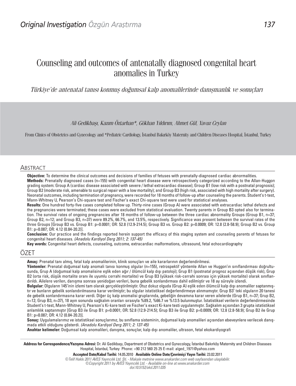 Counseling and Outcomes of Antenatally Diagnosed Congenital Heart Anomalies in Turkey