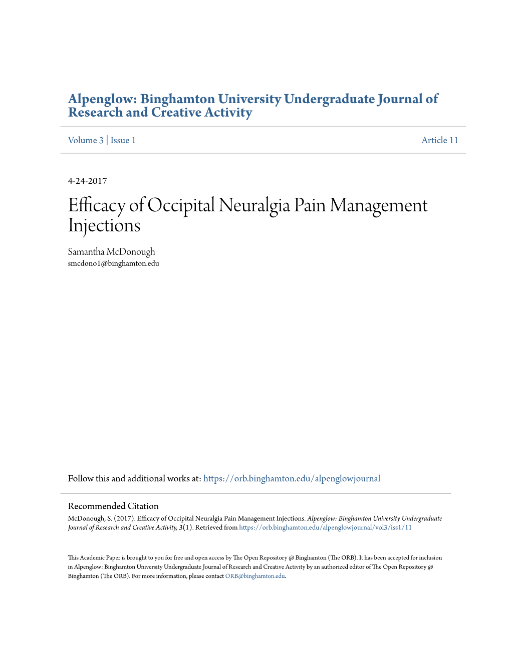 Efficacy of Occipital Neuralgia Pain Management Injections Samantha Mcdonough Smcdono1@Binghamton.Edu