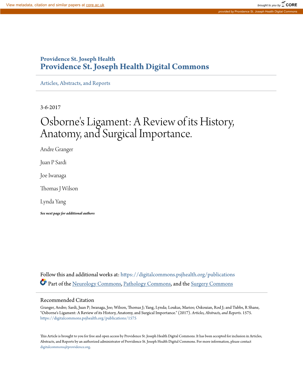 Osborne's Ligament: a Review of Its History, Anatomy, and Surgical Importance