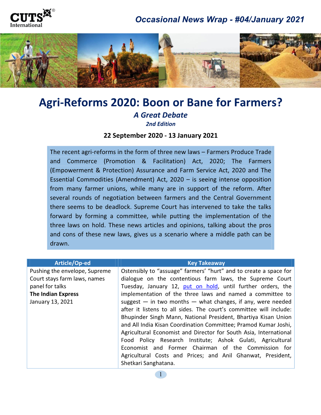 Agri-Reforms 2020: Boon Or Bane for Farmers? a Great Debate 2Nd Edition 22 September 2020 - 13 January 2021