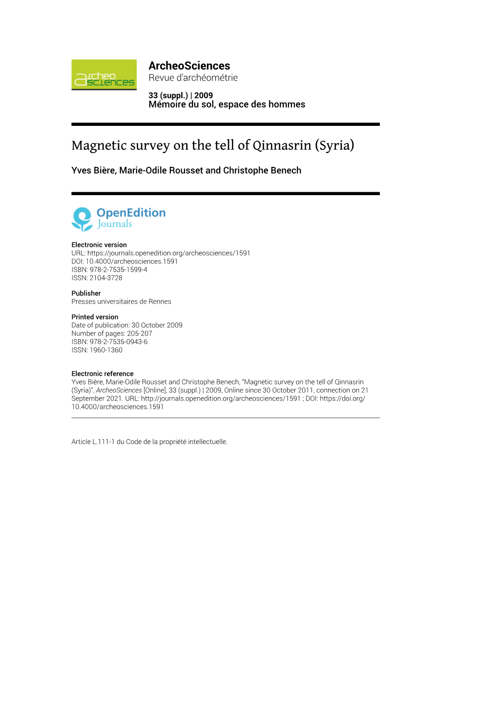 Magnetic Survey on the Tell of Qinnasrin \(Syria\)