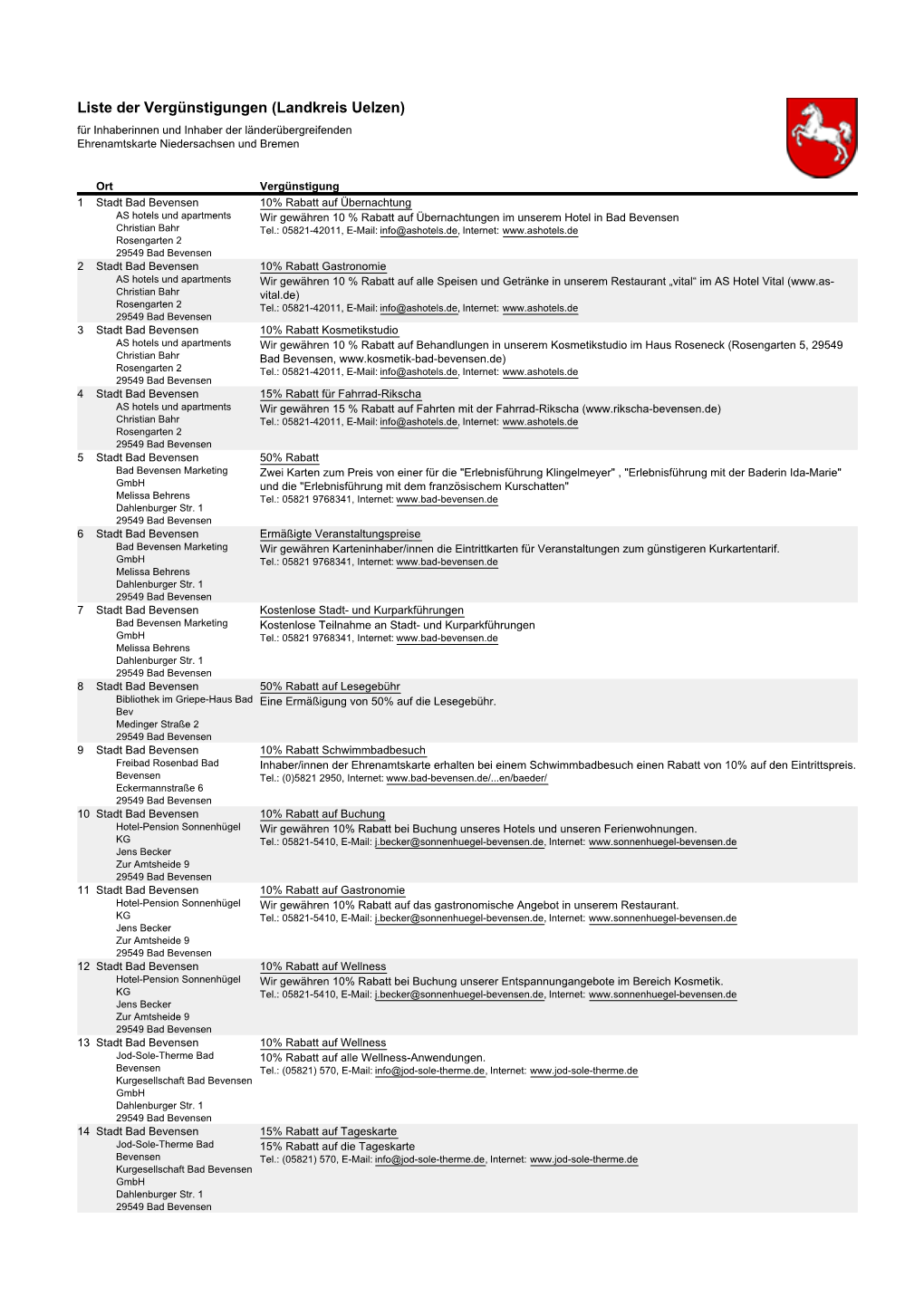 Landkreis Uelzen) Für Inhaberinnen Und Inhaber Der Länderübergreifenden Ehrenamtskarte Niedersachsen Und Bremen