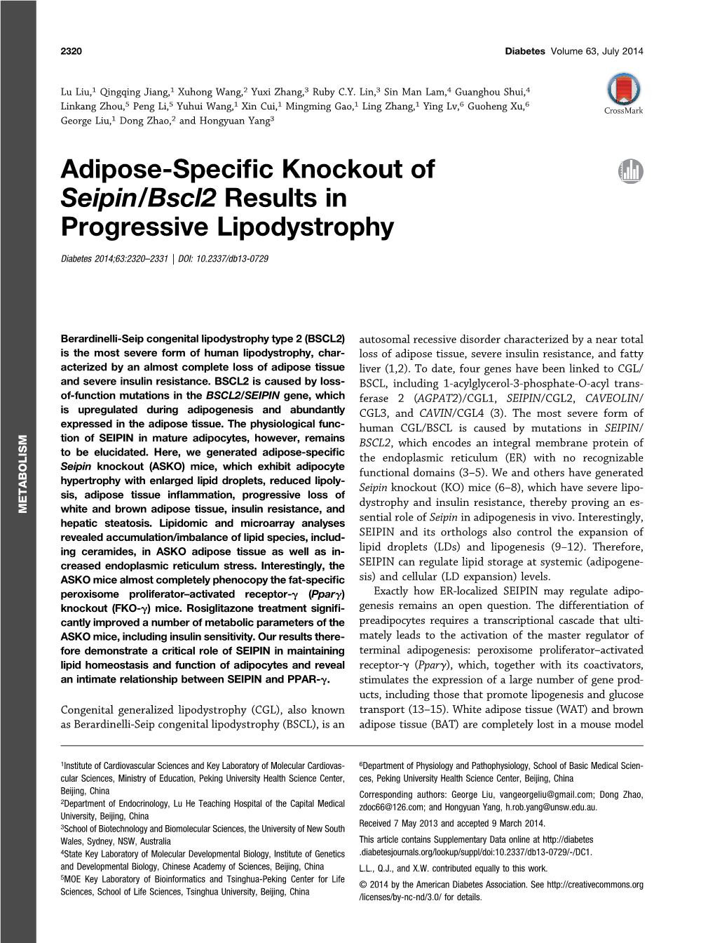 Adipose-Specific Knockout of Seipin/Bscl2 Results in Progressive
