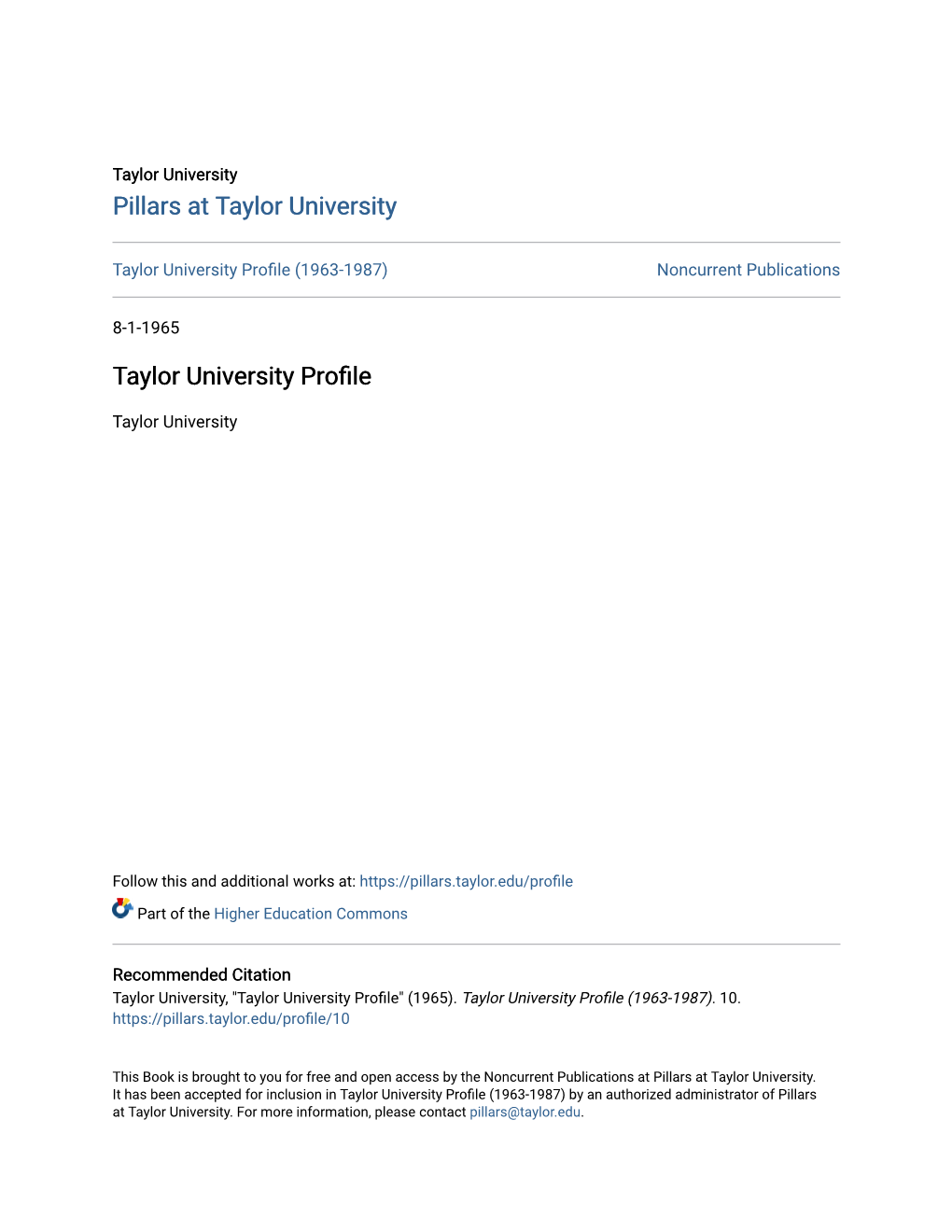 Taylor University Profile (1963-1987) Noncurrent Publications