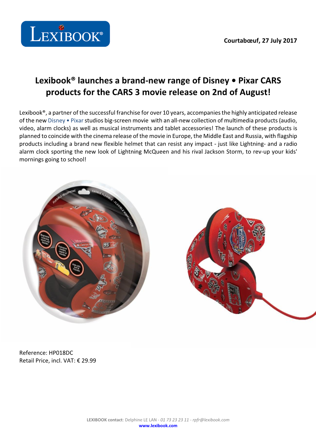 Lexibook® Launches a Brand-New Range of Disney • Pixar CARS Products for the CARS 3 Movie Release on 2Nd of August!