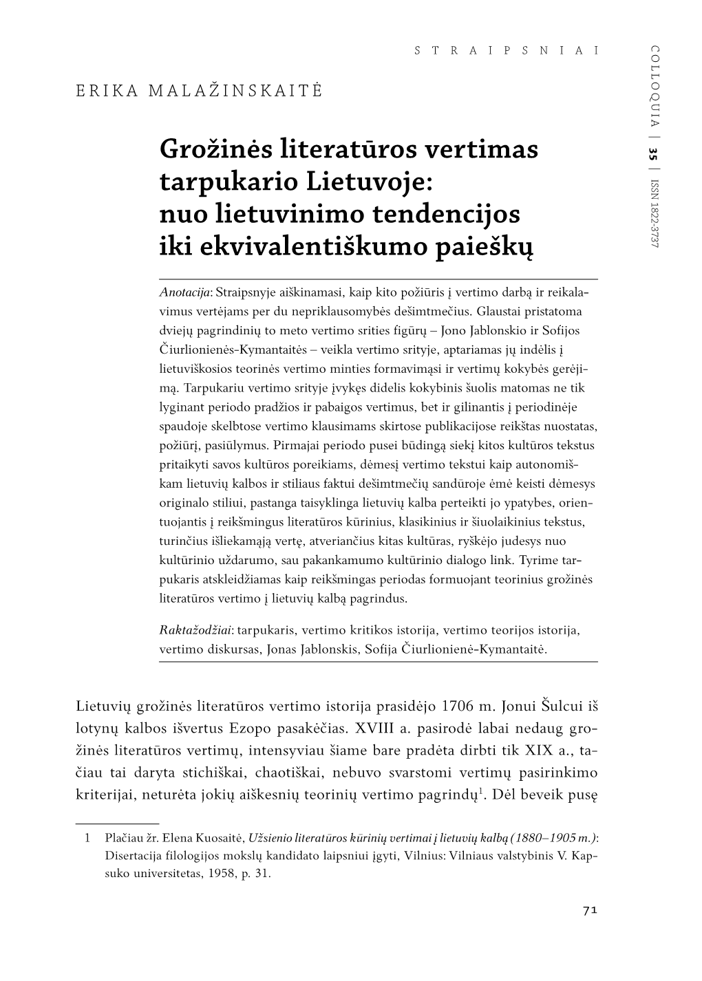 Grožinės Literatūros Vertimas Tarpukario Lietuvoje: Nuo