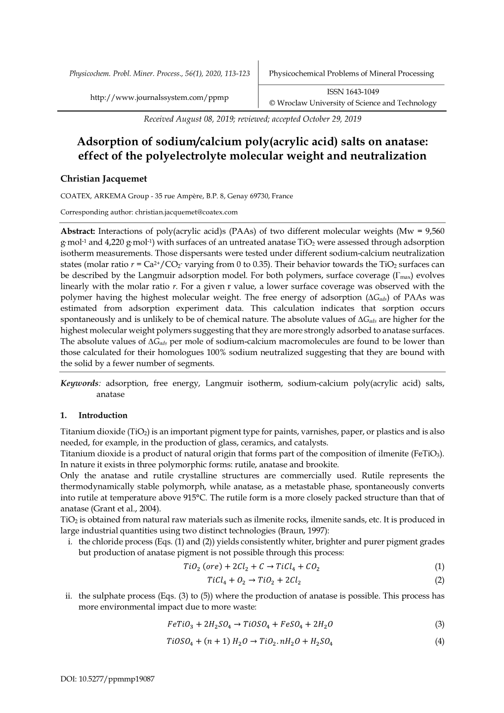 Adsorption of Sodium/Calcium Poly(Acrylic Acid) Salts on Anatase: Effect of the Polyelectrolyte Molecular Weight and Neutralization