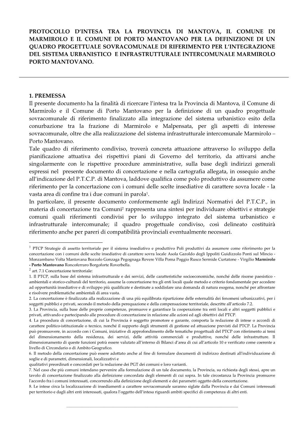 Protocollo D'intesa Tra La Provincia Di Mantova, Il Comune Di