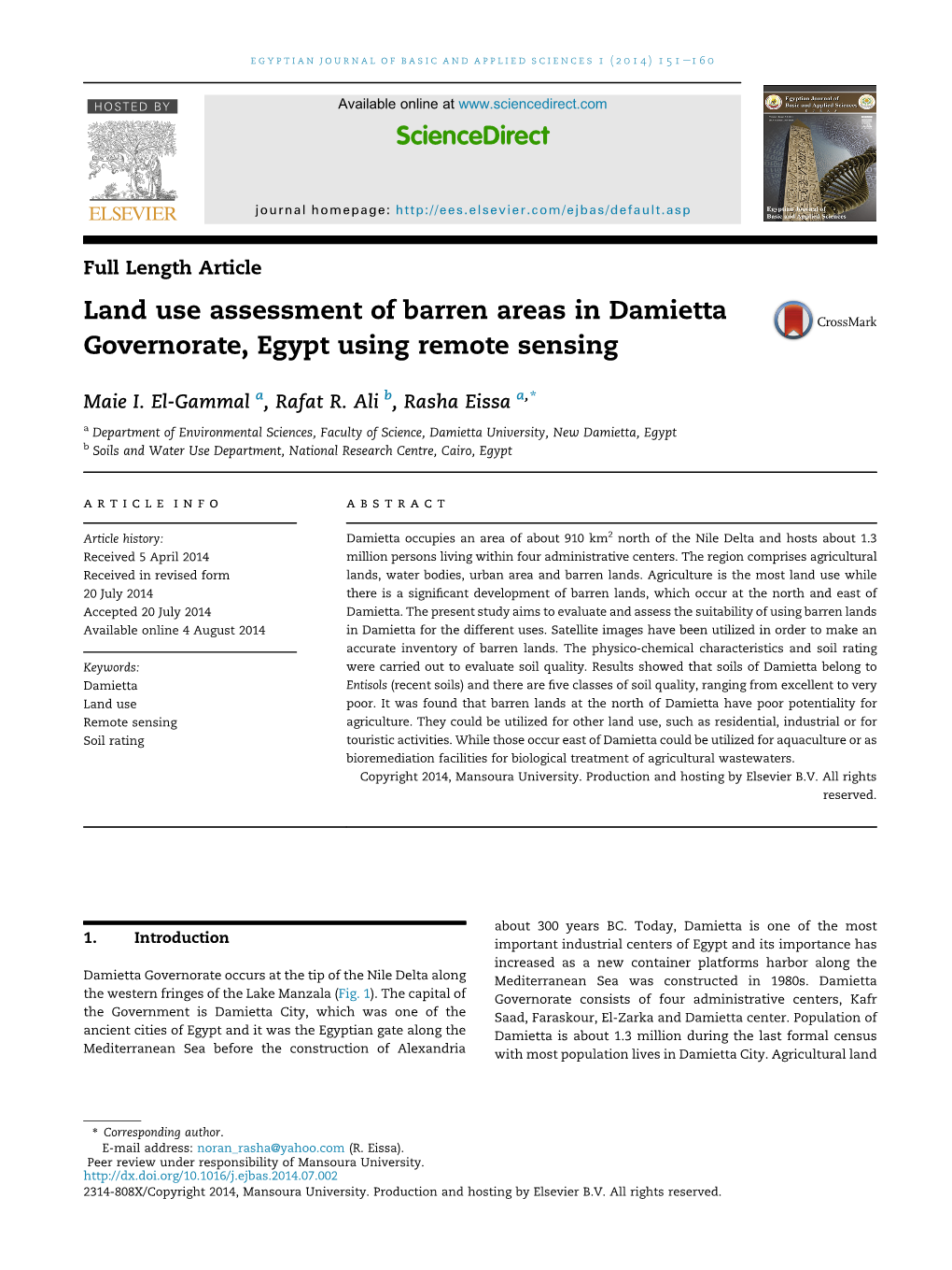 Land Use Assessment of Barren Areas in Damietta Governorate, Egypt Using Remote Sensing