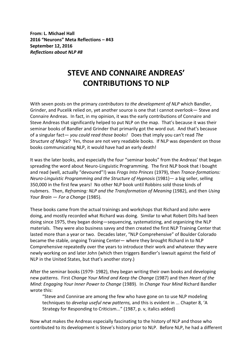 Steve and Connaire Andreas' Contributions To