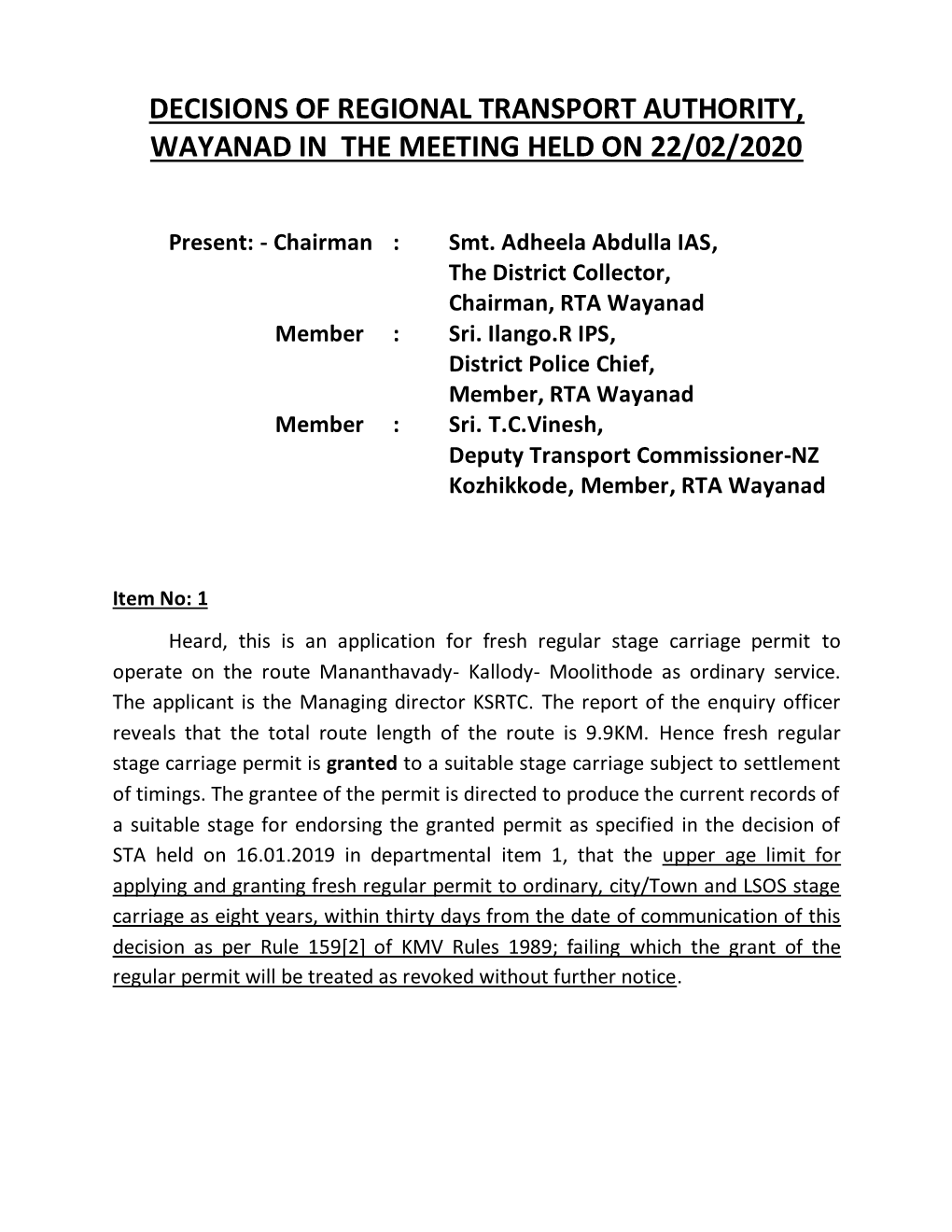 Decisions of Regional Transport Authority, Wayanad in the Meeting Held on 22/02/2020