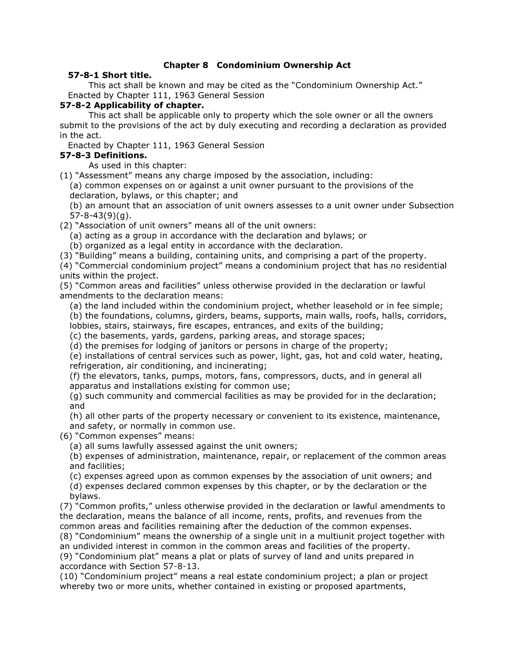 Condominium Ownership Act 57-8-1 Short Title