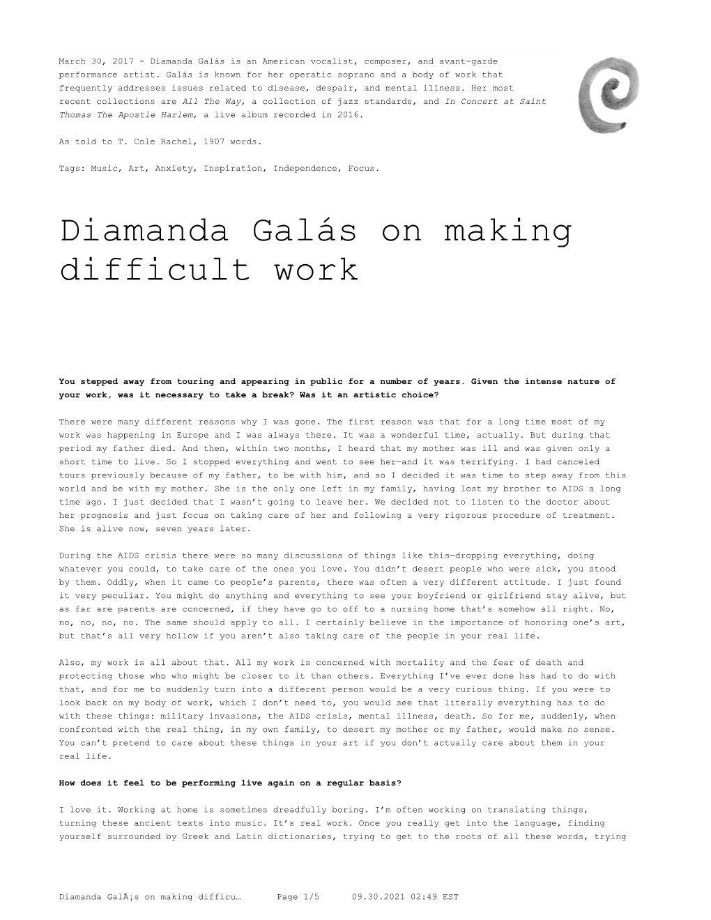 Diamanda Galás on Making Difficult Work