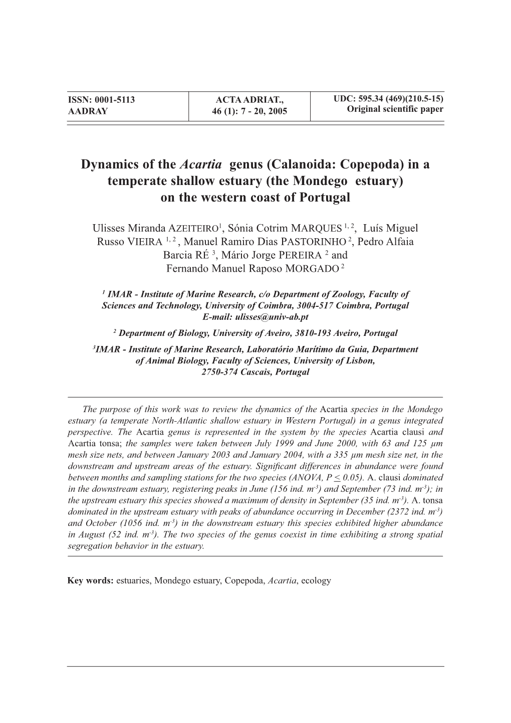 Dynamics of the Acartia Genus (Calanoida: Copepoda) in a Temperate Shallow Estuary (The Mondego Estuary) on the Western Coast of Portugal