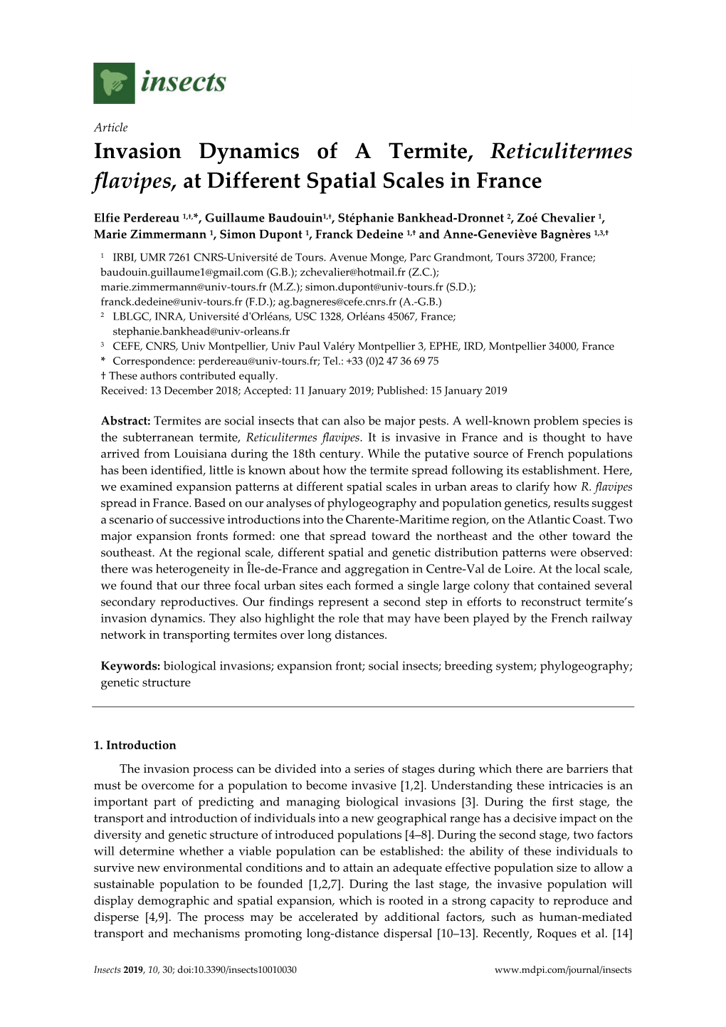 Invasion Dynamics of a Termite, Reticulitermes Flavipes, at Different Spatial Scales in France