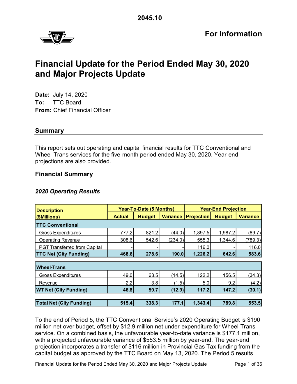 Financial Update for the Period Ended May 30, 2020 and Major Projects Update