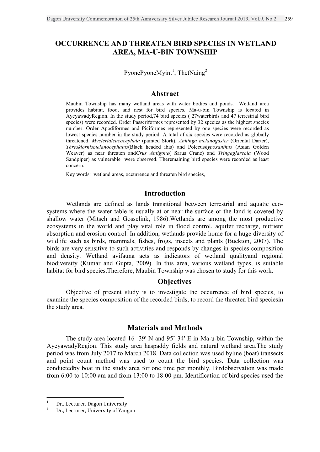 Occurrence and Threaten Bird Species in Wetland Area, Ma-U-Bin Township