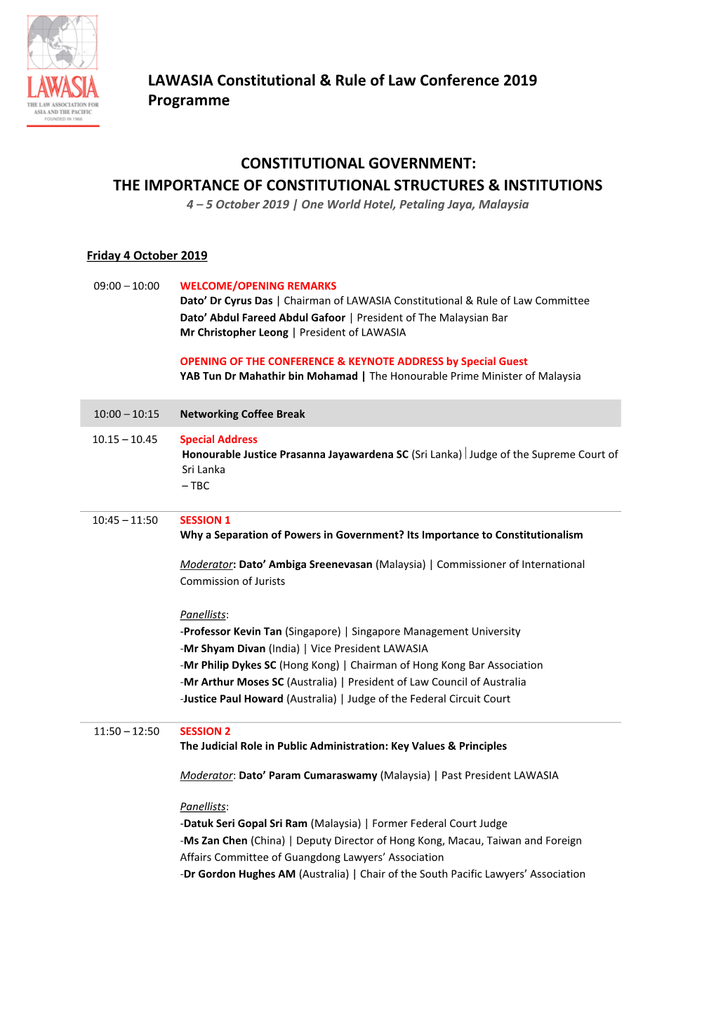 LAWASIA Constitutional & Rule of Law Conference 2019 Programme